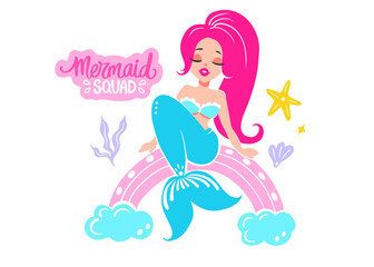 Vector Mermaid with Pink Hair Blue Tail and Rainbow Illustration isolated on White Background. Mermaid Squad Lettering Phrase