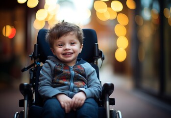 Adorable little boy in a wheelchair walking down the street.