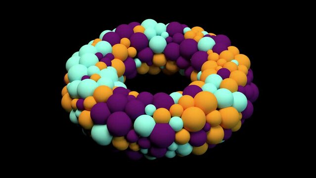 Three-dimensional torus consisting of multicolor rotating spheres. Concept of science, chemistry or nanotechnology. Abstract animation: movement of colorful liquid particles on black background
