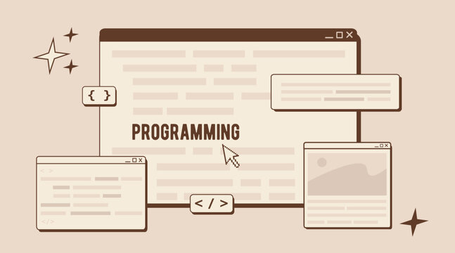Software developer or code testing. Website development concept in trendy retro colors. Script coding, web ui ux design and programming in php, python, javascript. Vector flat illustration.