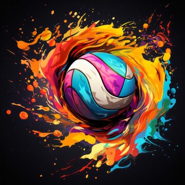 An artistic representation of a Volleyball covered in splashes of vibrant paint, symbolizing the speed and agility of the game.