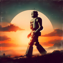 a robot from the 1930's walking in to the sunset, vintage movie poster, digital art, 
Generative AI	 - obrazy, fototapety, plakaty