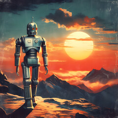 a robot from the 1930's walking in to the sunset, vintage movie poster, digital art, 
Generative AI	