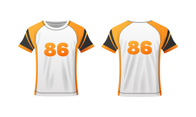 T-shirt mockup. Flat, white orange, t-shirt layout, t-shirt with number, clothing layout. Vector illustration