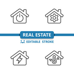 Real Estate Icons. House, Houses, Building, Power Button, Gear, Electricity, Thermometer Vector Icon