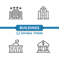 Buildings Icons. Hotel, Hospital, University, Bank Vector Icon