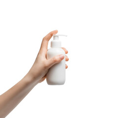 A bottle of liquid hand cream in a woman's hand on a light background. White bottle with dispenser,...