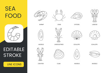 Crustaceans and mollusks set line icons in vector, seafood editable stroke. Mussels and clam, crayfish and scallops, langoustines and lobster, oysters and crab, shrimp - obrazy, fototapety, plakaty