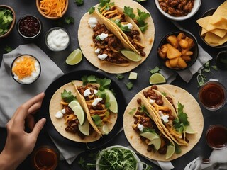 Mexican tacos with beef and vegetables, above view.