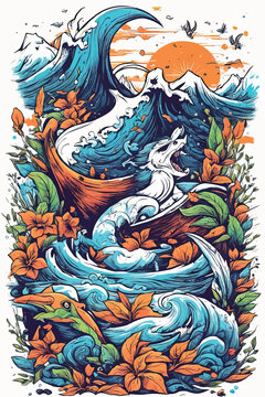 surfing the ocean wave and surfboard illustration surfing the ocean wave and surfboard illustration surfing and surfing waves with sea