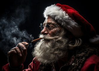 Santa Claus wearing sunglasses smoking a cigar and drinking whisk on dark background - obrazy, fototapety, plakaty