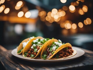 Delicious Mexican tacos with beef and vegetables at street restaurant - obrazy, fototapety, plakaty