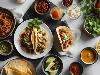 Delicous Mexican tacos with beef and vegetables, above view.