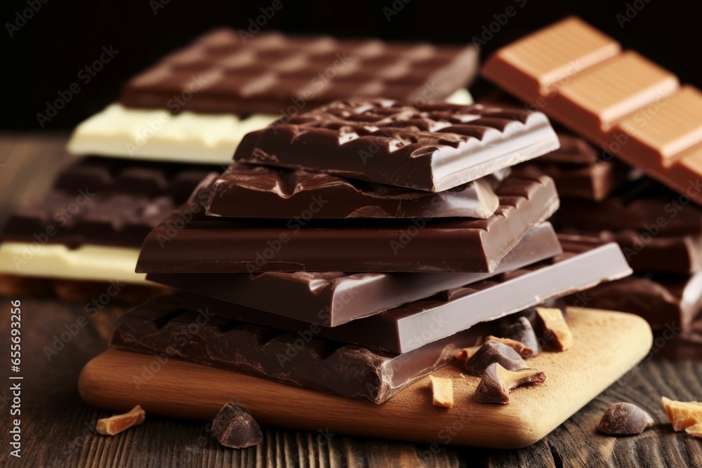 Poster tasty chocolate bars block. chunk pattern. generate ai