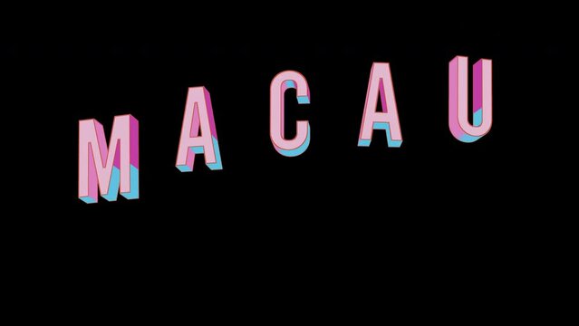 Bright letters jump merrily in the inscription MACAU city. Retro. Alpha channel black. Looped from frame 120 to 240, Alpha BW at the end