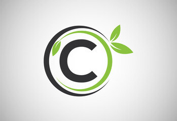 English alphabet C with green leaves. Organic, eco-friendly logo design vector template