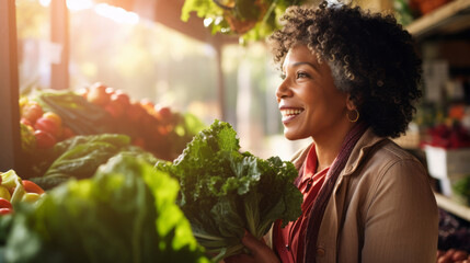 On the bazaar. Mature African American woman is shopping for fresh vegetables - obrazy, fototapety, plakaty