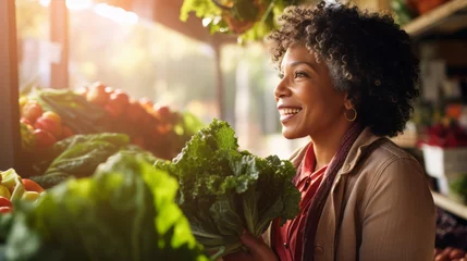 Fotobehang On the bazaar. Mature African American woman is shopping for fresh vegetables © standret