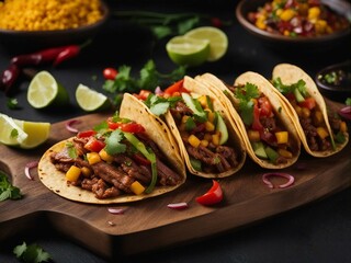  Mexican tacos with beef and vegetables on wooden serving board