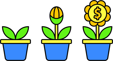 financial growth flat lined icon sign - growing money flower pot step