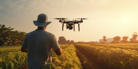 Farmer using drone to monitor crop health on the agricultural field - obrazy, fototapety, plakaty