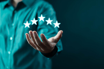human hand showing 5-star performance that has quality and press level excellent rank for giving...