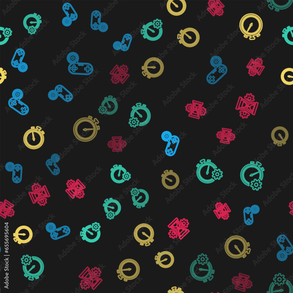 Poster set line gamepad setting, time management, stopwatch and hourglass on seamless pattern. vector
