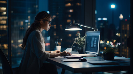 Female data analyst working late in her office by monitor