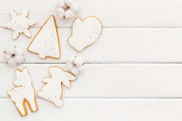 New Year decoration - white Christmas cookies pattern, top view
