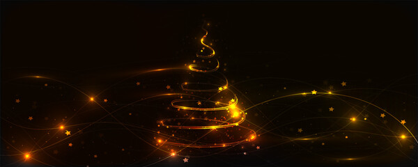Obraz na płótnie Canvas Shiny spiral golden Christmas tree with stars, snowflakes and glittering particles. Abstract shiny glowing golden wave lines. Vector illustration.
