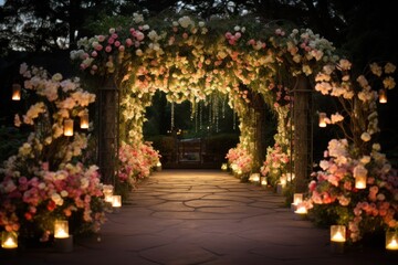 Outdoor Garden Wedding with Cascading Flowers and Softly Lit Pathways