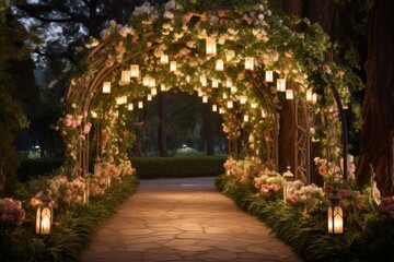 Outdoor Garden Wedding with Cascading Flowers and Softly Lit Pathways