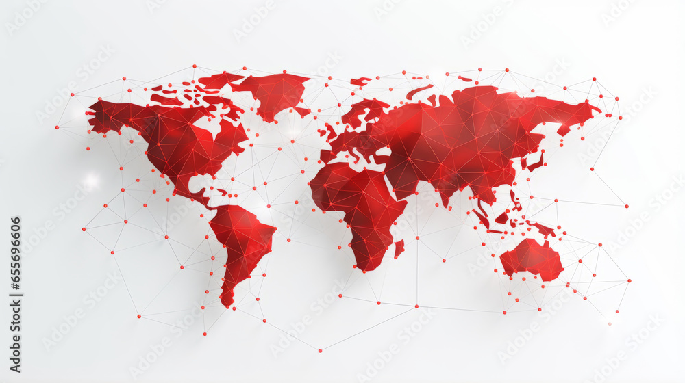 Poster red colored map of the world. conception of global network connection and data sharing