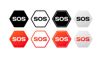 SOS signs. Different styles, colors, SOS signs, help signs, SOS icons. Vector icons