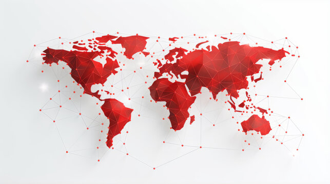 Fototapeta Red colored map of the world. Conception of global network connection and data sharing
