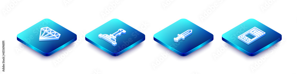 Aufkleber set isometric line diamond, joystick for arcade machine, sword game and create account screen icon. 