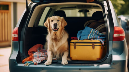 Golden retrieved dog is sitting in a car trunk