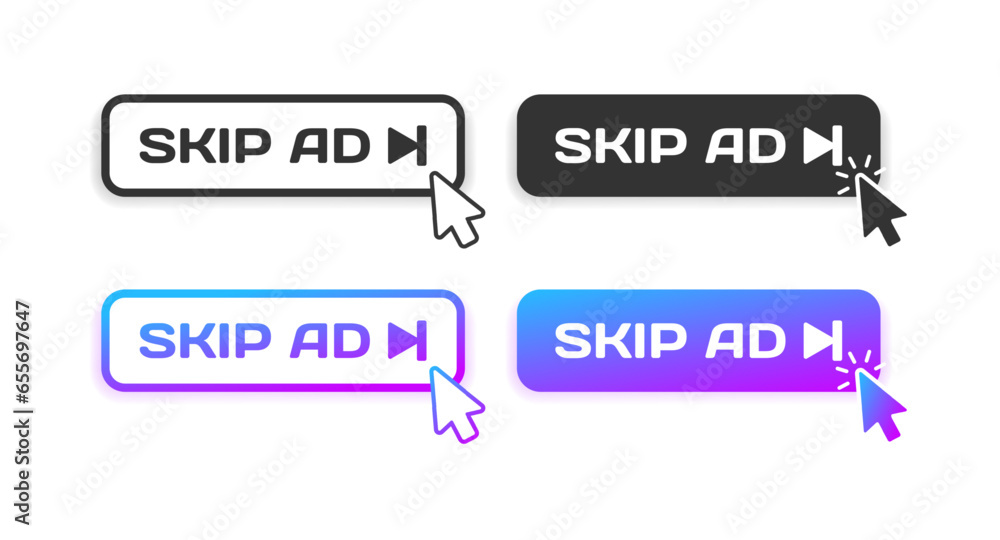 Poster skip ad button. different styles, skip ad button, cursor on button, skip ad icons. vector icons