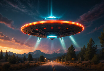 Fototapeta premium Illuminated ufo over a landscape. Generative AI