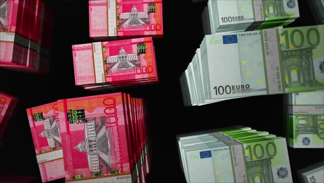 Euro and Dominican Peso money exchange. Paper banknotes pack bundle. Concept of trade, economy, competition, crisis, banking and finance. Notes loopable seamless 3d animation.