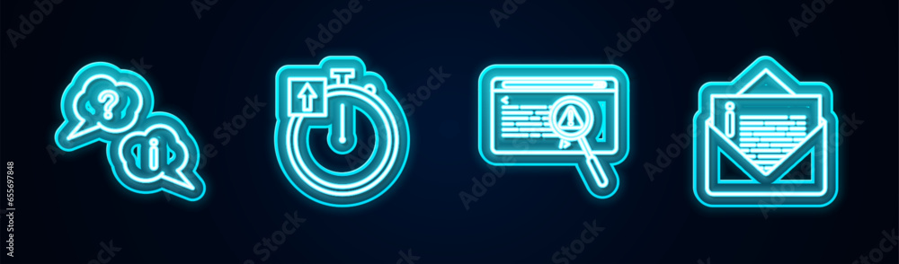Poster set line question and exclamation, stopwatch, system bug concept and envelope. glowing neon icon. ve