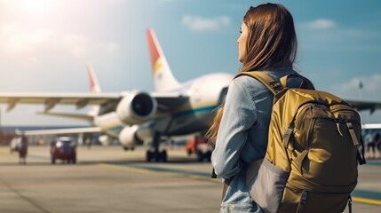 Side view of young female traveler standing with backpack looking at large airplane