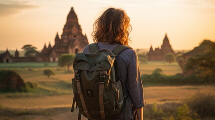 Side view of a young female traveler standing with a backpack watching the sunset of Bagan, Myanmar.