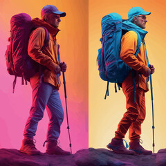 man in a backpack with the backpack on the background of a mountain landscape.man in a backpack with the backpack on the background of a mountain landscape.male hiker with backpack and backpack walkin - obrazy, fototapety, plakaty