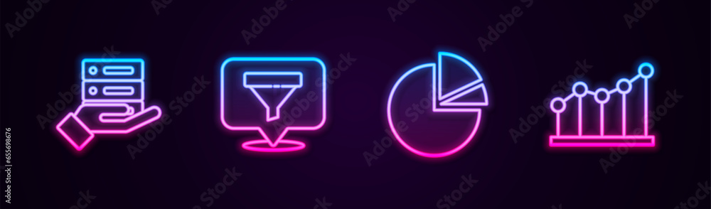 Poster set line server, data, web hosting, location with sales funnel, pie chart infographic and . glowing 