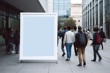 white billboard mockup placed in a busy public area. The billboard is the main focus of the image and is surrounded by people walking past it. - obrazy, fototapety, plakaty