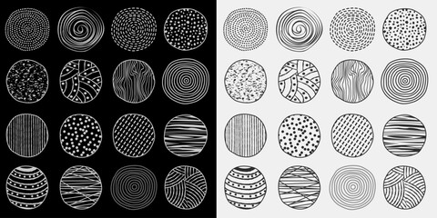 Doodle abstract hand drawn circles. Isolated round shapes with pattern, scribble modern shapes. Linear decorative vector set of elements - obrazy, fototapety, plakaty