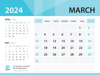 Calendar 2024 template, March 2024 year, Desk Calendar 2024 template, Week Start On Sunday, Wall calendar design, Planner layout, Stationery, Poster, printing media, Blue background vector