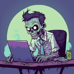 Cartoon zombie wearing a suit working in front of a computer, AI generated Image