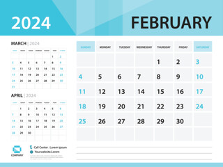 Calendar 2024 template, February 2024 year, Desk Calendar 2024 template, Week Start On Sunday, Wall calendar design, Planner layout, Stationery, Poster, printing media, Blue background vector